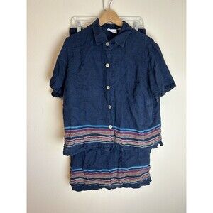 Parisian Works Women Blue 2 Piece Linen Blend Top Capri Skirt Set 1X Lagenlook